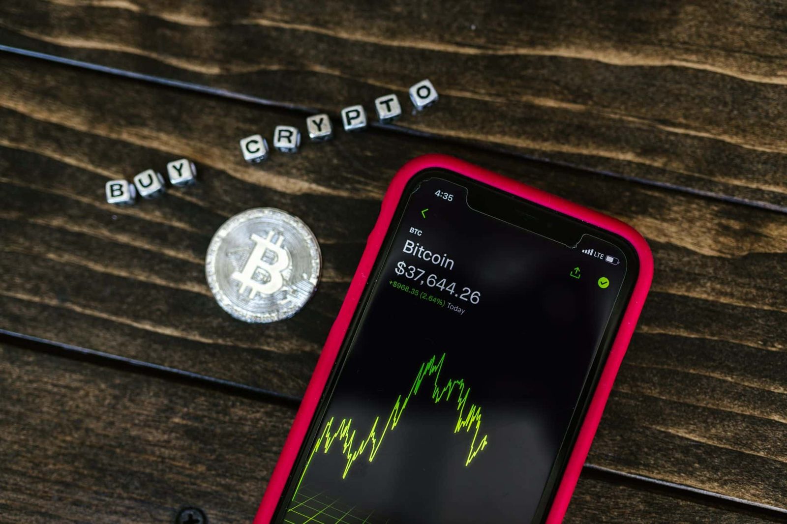 Smartphone showing bitcoin price with a physical coin and text representing cryptocurrency investment.