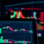 Close-up view of digital trading chart screen with vibrant graphs and data analysis.