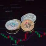 Close-up view of Bitcoin coins on a stock market chart background representing cryptocurrency trading.