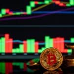 Close-up of Bitcoin coins against a rising financial graph, showcasing cryptocurrency market trends.