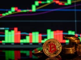Close-up of Bitcoin coins against a rising financial graph, showcasing cryptocurrency market trends.
