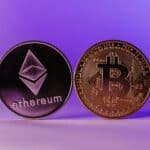Close-up of Ethereum and Bitcoin coins symbolizing cryptocurrency and blockchain technology against a purple backdrop.