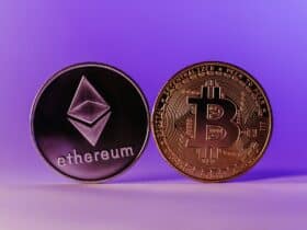 Close-up of Ethereum and Bitcoin coins symbolizing cryptocurrency and blockchain technology against a purple backdrop.