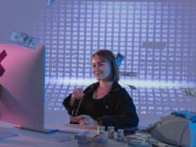 Smiling woman surrounded by digital and physical currency in a tech office setting.