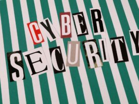 Cyber security concept depicted with a creative text collage on striped background.