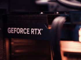 Detailed view of a GeForce RTX graphics card, highlighting modern technology.