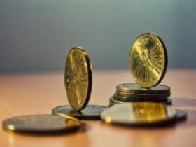 Close-up of North Macedonian denar coins on a bamboo table with artistic lighting.
