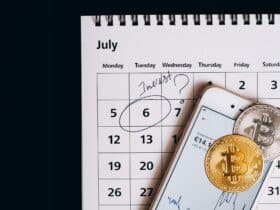 Smartphone with bitcoins on calendar, marking investment date.