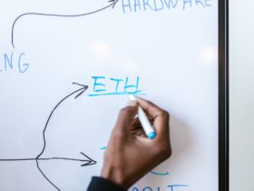Hand writing 'ETH' on a whiteboard, highlighting Ethereum concept.