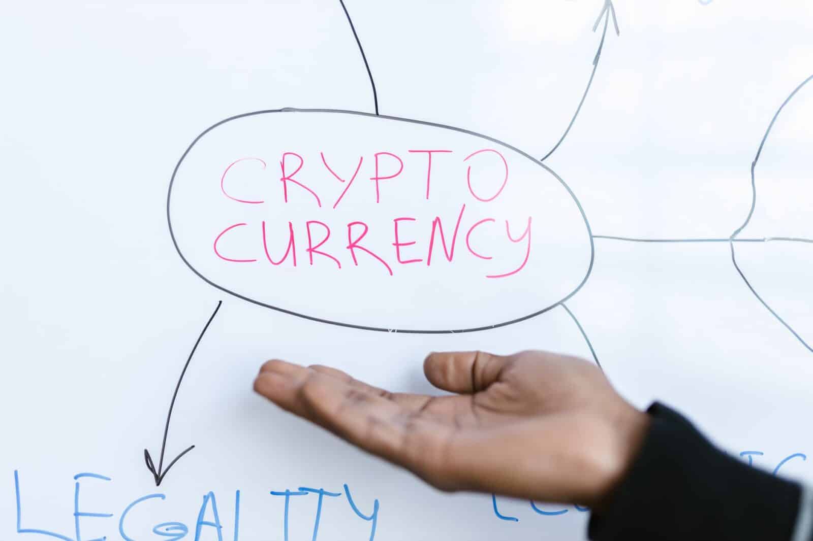 Close-up of a hand gesturing at a cryptocurrency diagram on a whiteboard, highlighting crypto concepts.