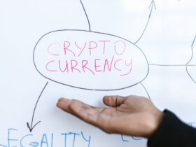 Close-up of a hand gesturing at a cryptocurrency diagram on a whiteboard, highlighting crypto concepts.