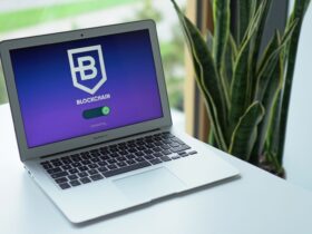 A modern laptop on a desk showing a blockchain interface, ideal for cryptocurrency topics.